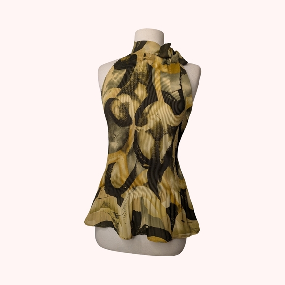 ⭐Sere Nade High Neck Accordion Pleated Abstract Print Peplum Hem Sheer Top - Picture 2 of 7